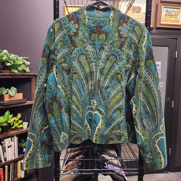 VINTAGE CHARTER CLUB Corduroy Peacock Print Paisley Green and Blue Jacket XL - Picture 3 of 5